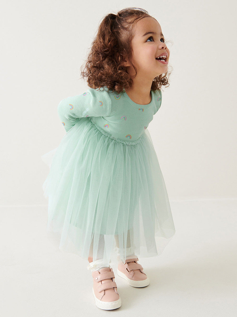 Girls Rainbow Print Tulle Dress