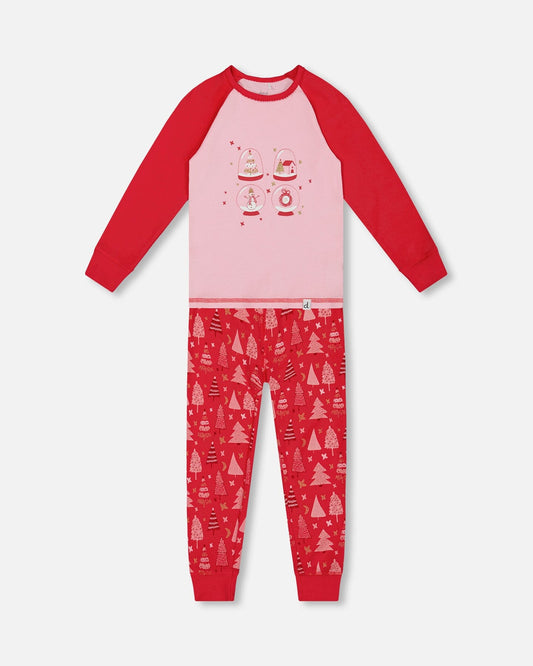 Organic Cotton Two Piece Pajama Set Red Printed Christmas Tree-0